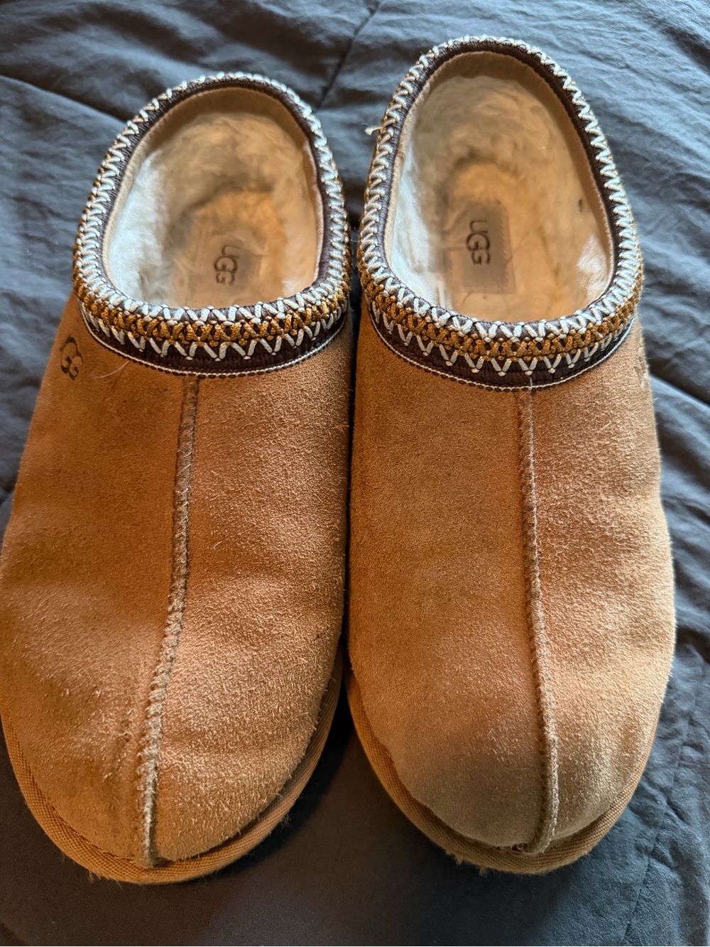 UGG Chestnut Suede Shearling Slip-Ons with Decorative Trim